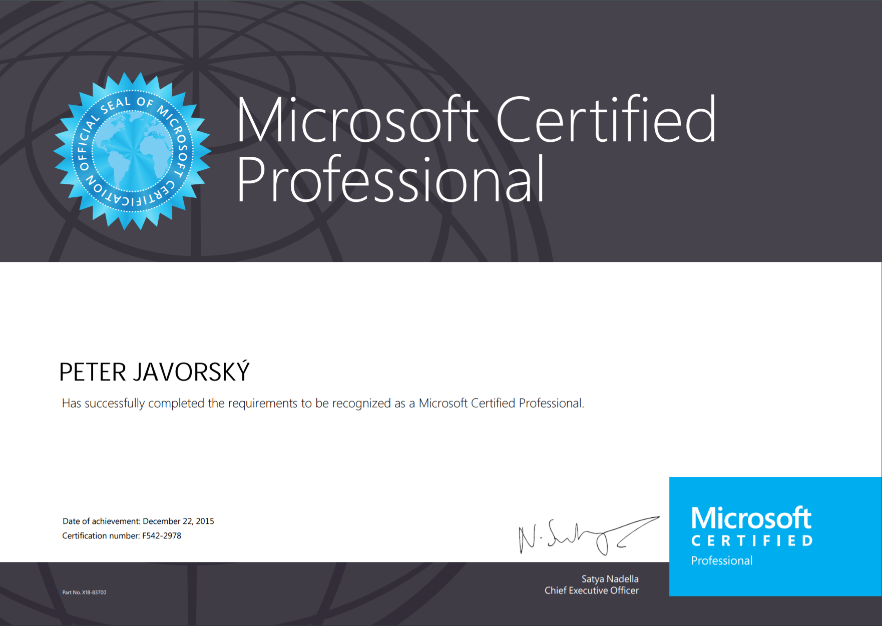 Microsoft Certified Professional certificate awarded to Peter Javorsky